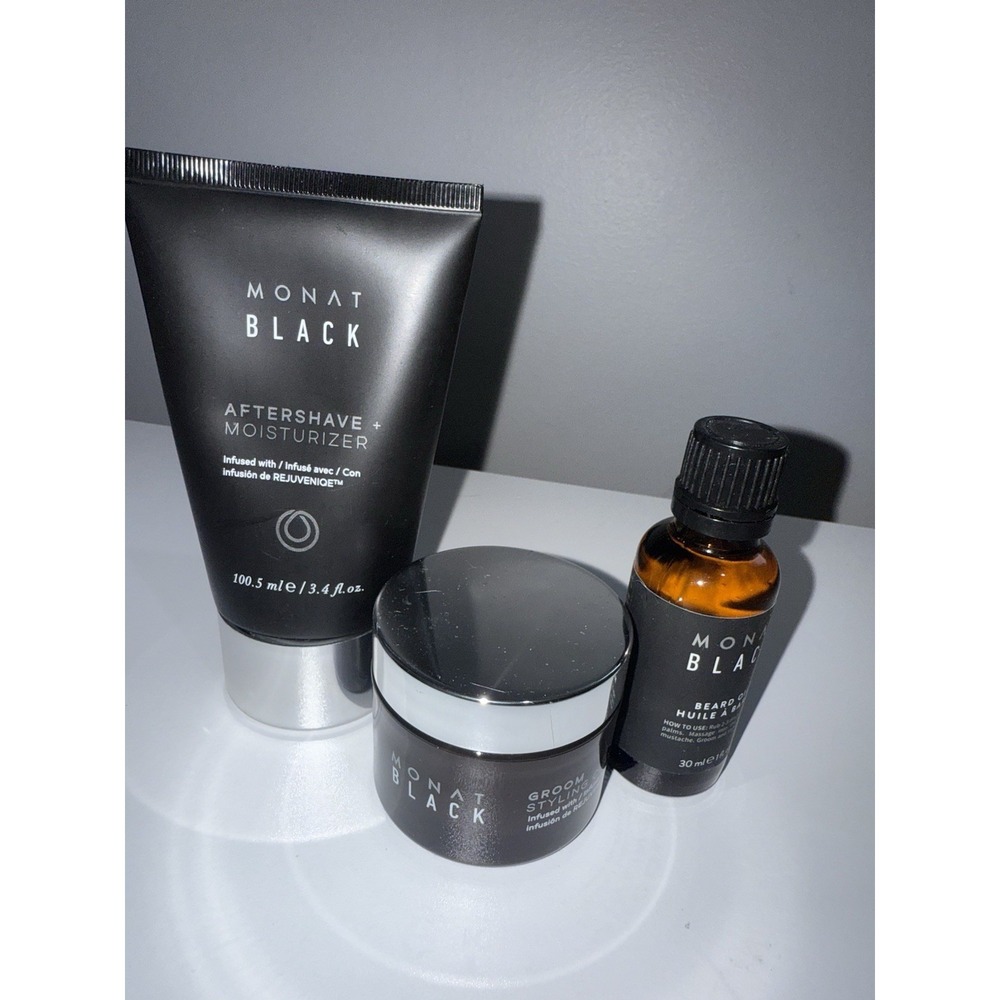 3 Piece Monat‎ Black Men's Aftershave Moisturizer Beard Oil & Styling Clay